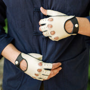 Rome Fingerless Creme and Blue Deerskin Driving Gloves