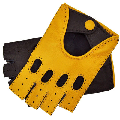 Rome Fingerless Yellow and Blue Deerskin Driving Gloves