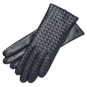 Intrecciato Navy Blue Leather Gloves