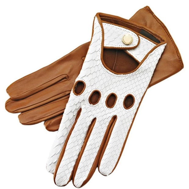 Charlotte Python Blanc Caramel Leather Driving Gloves